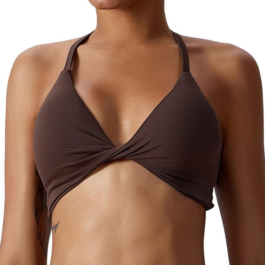 Women's Twist Front Halter Sports Bra with Strappy Open Back
