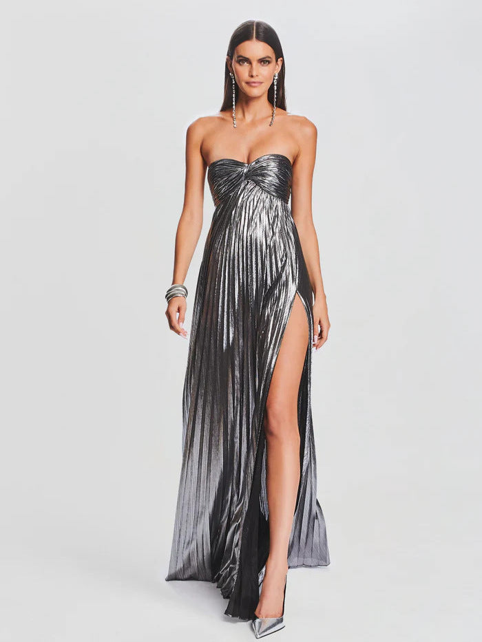 Strapless Pleated Evening Gown with Twist Front and High Side Slit