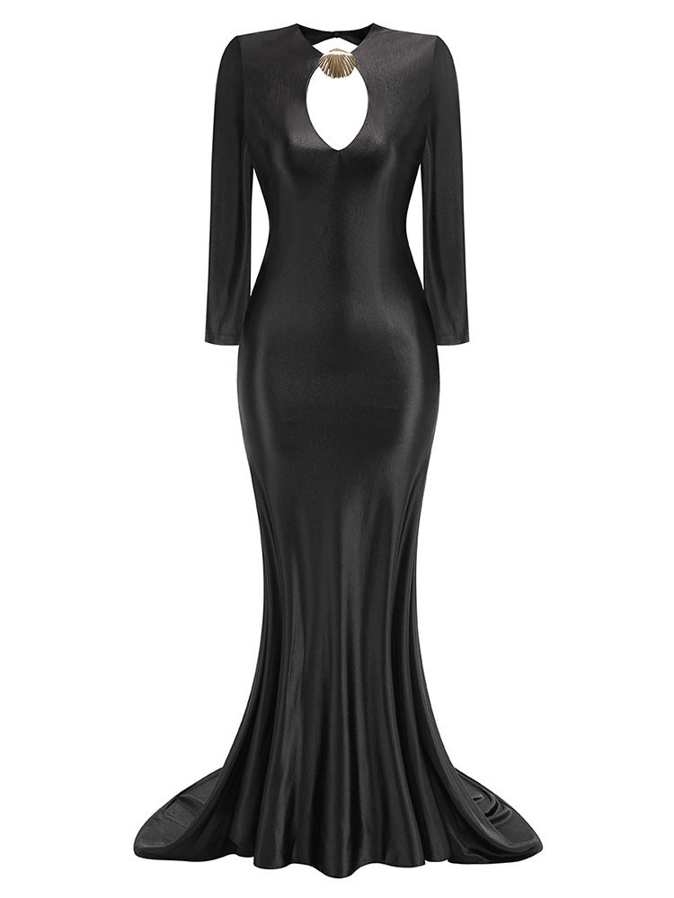 Women's Long Sleeve Backless Cutout Mermaid Evening Gown with Sweep Train