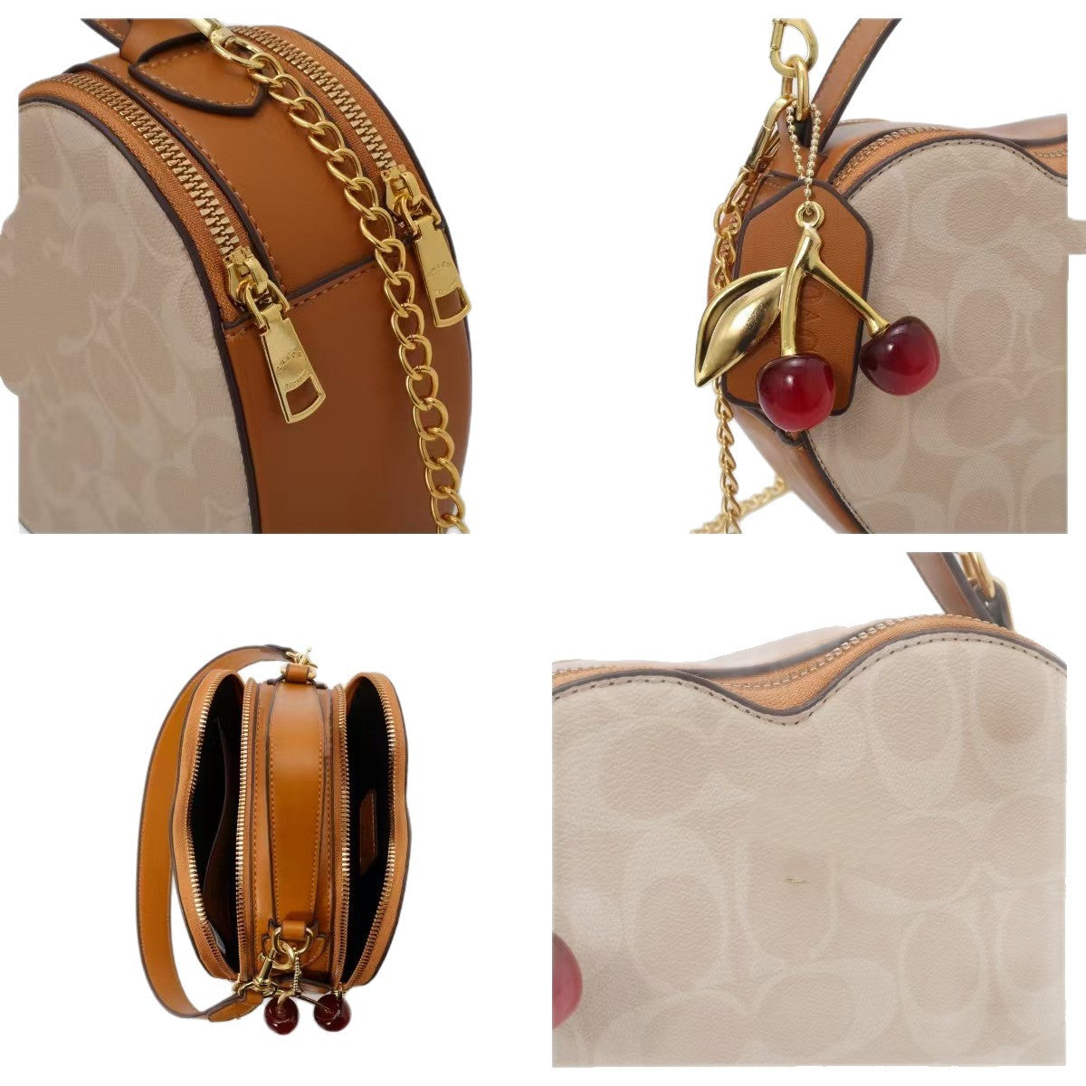 Heart-Shaped Patterned Crossbody Bag with Top Handle, Chain Strap, and Cherry Charm