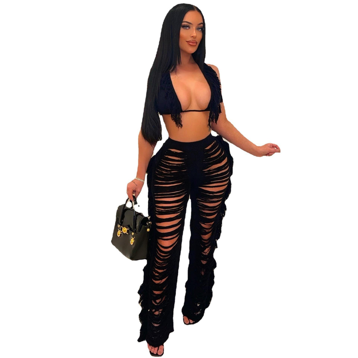 Women's Halter Crop Top and Cutout Wide-Leg Knit Pants Set with Fringe Detail