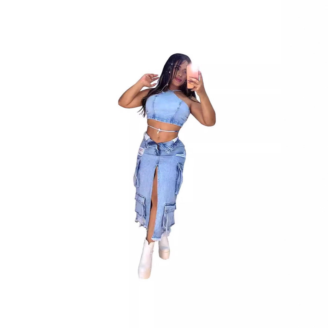 Women's Cargo Denim Midi Skirt with High Front Slit, Multiple Pockets, and Distressed Details