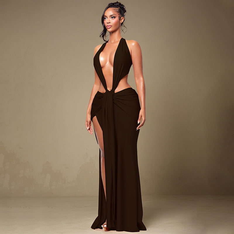 Bold Halter Deep Cut Evening Gown With Twist Detail