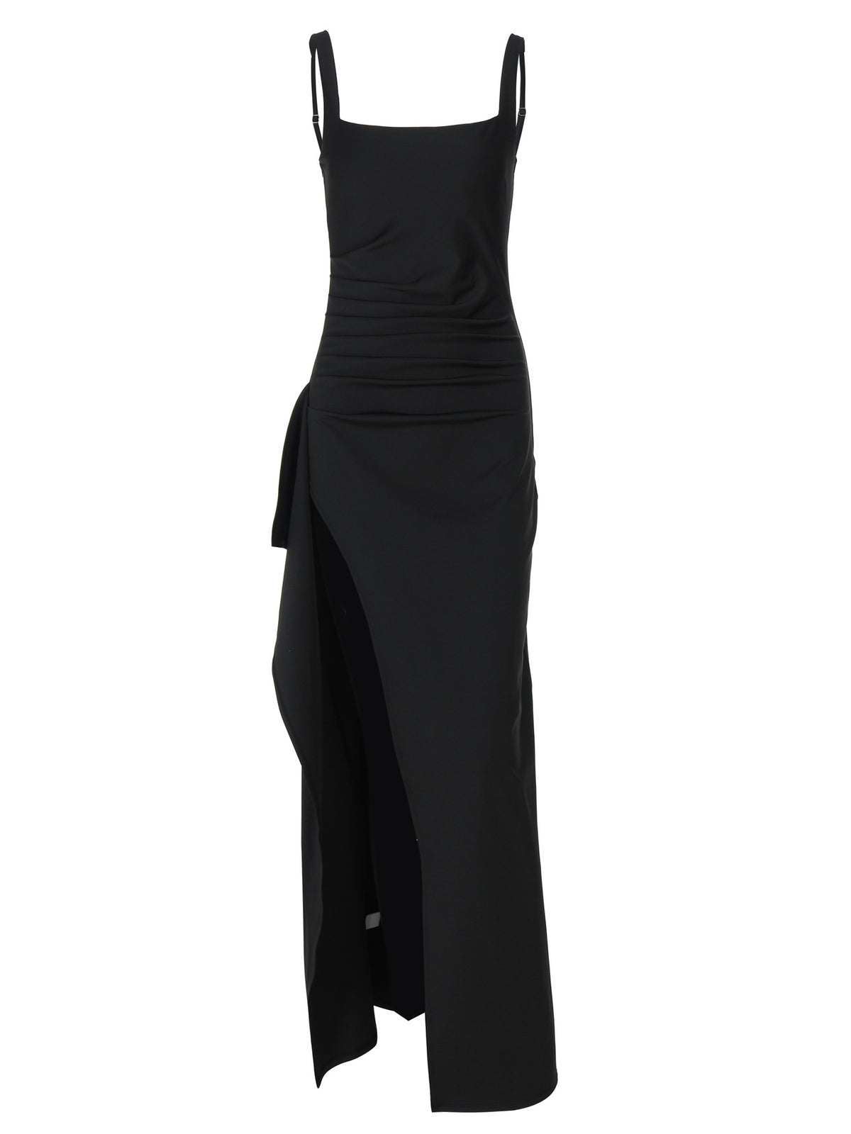 Women's Square Neck Ruched Maxi Dress with High Slit