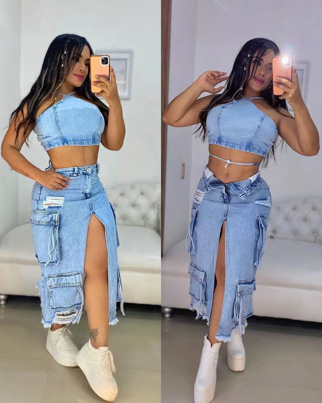 Women's Cargo Denim Midi Skirt with High Front Slit, Multiple Pockets, and Distressed Details