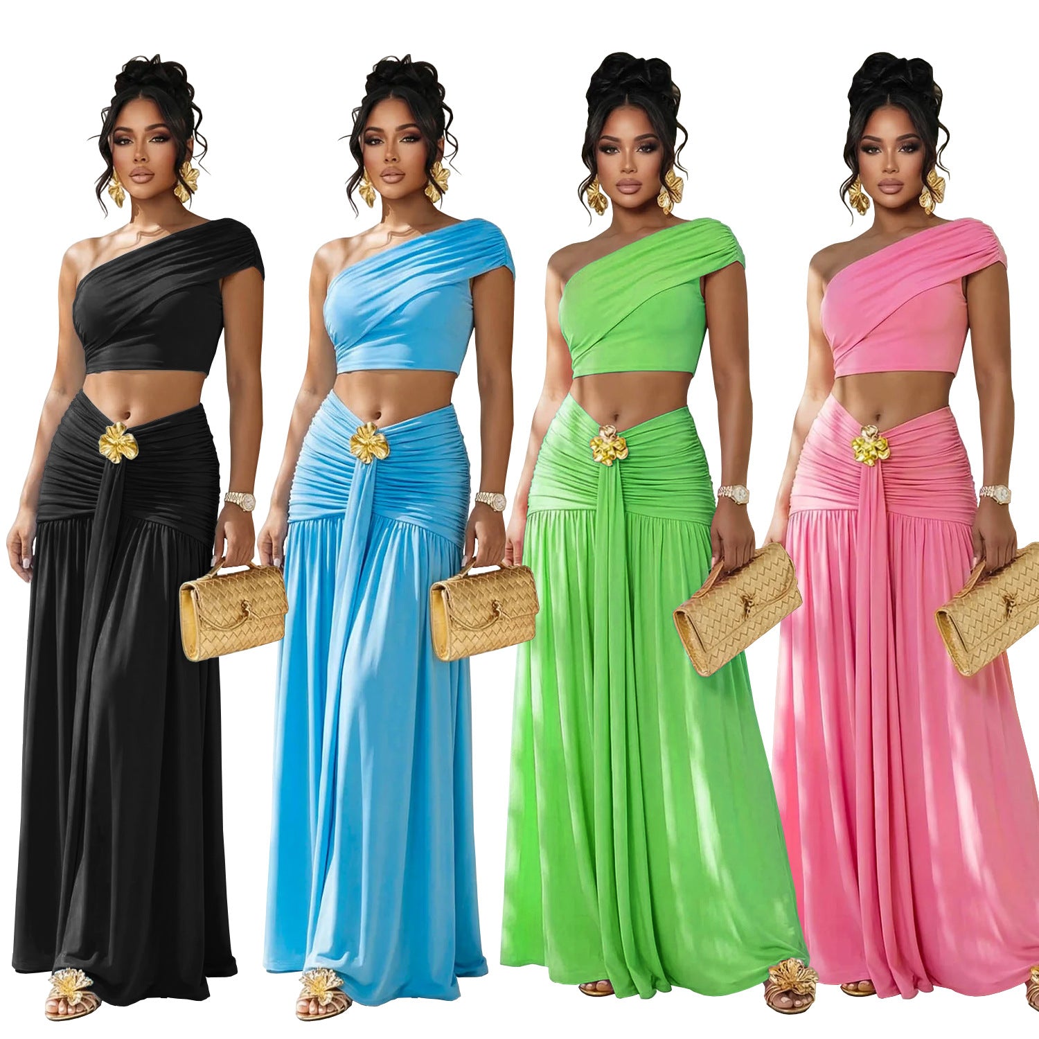 Chic Off Shoulder Crop Top Midi Skirt Set