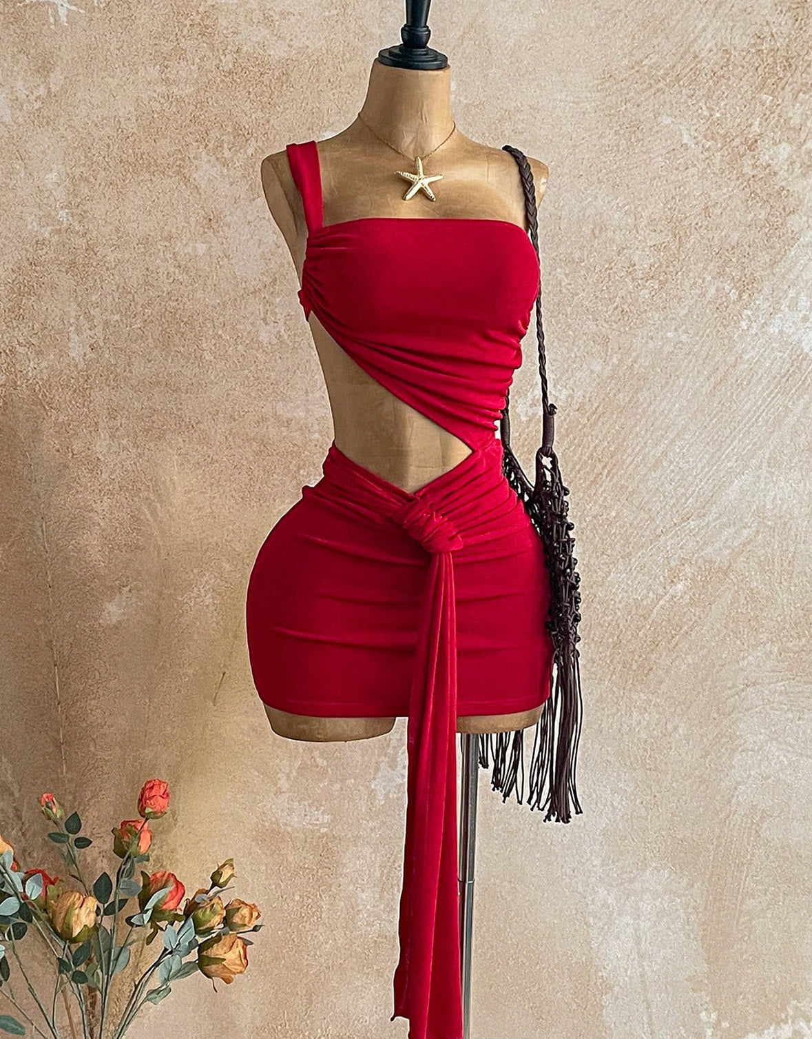 Cutout Ruched Two-Piece Crop Top and Mini Skirt Set with Long Tie Detail