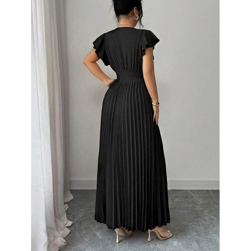 Women's V-Neck Flutter Sleeve Pleated Maxi Dress with Waist Belt