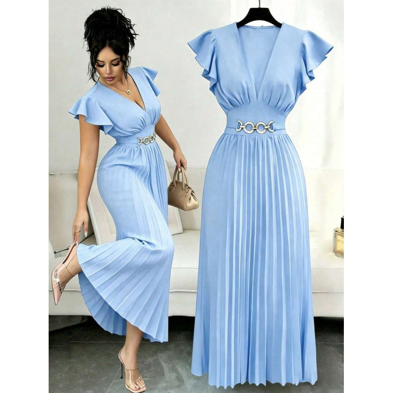 Women's V-Neck Flutter Sleeve Pleated Maxi Dress with Waist Belt