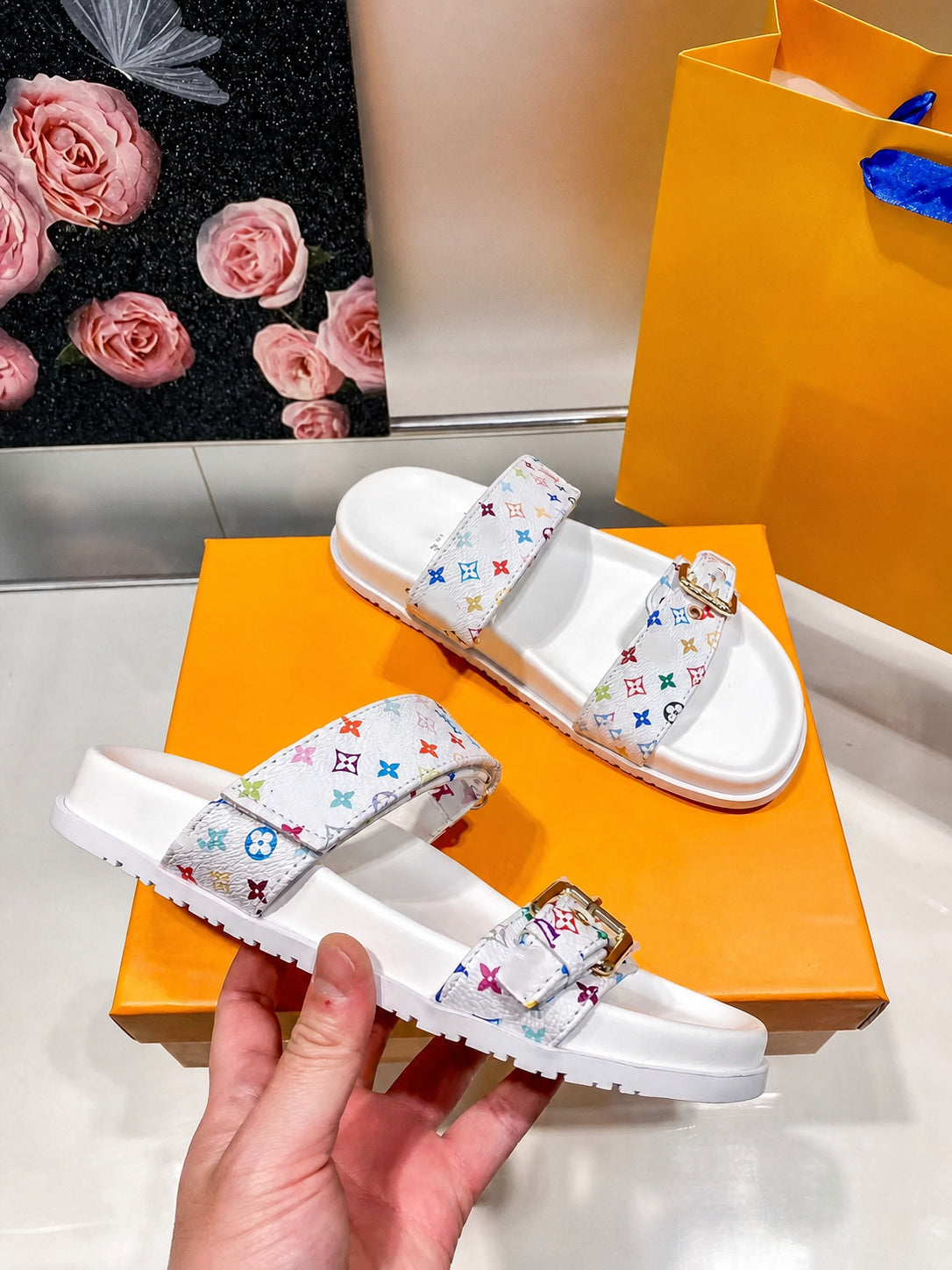 Double Buckle Two Strap Slide Sandals
