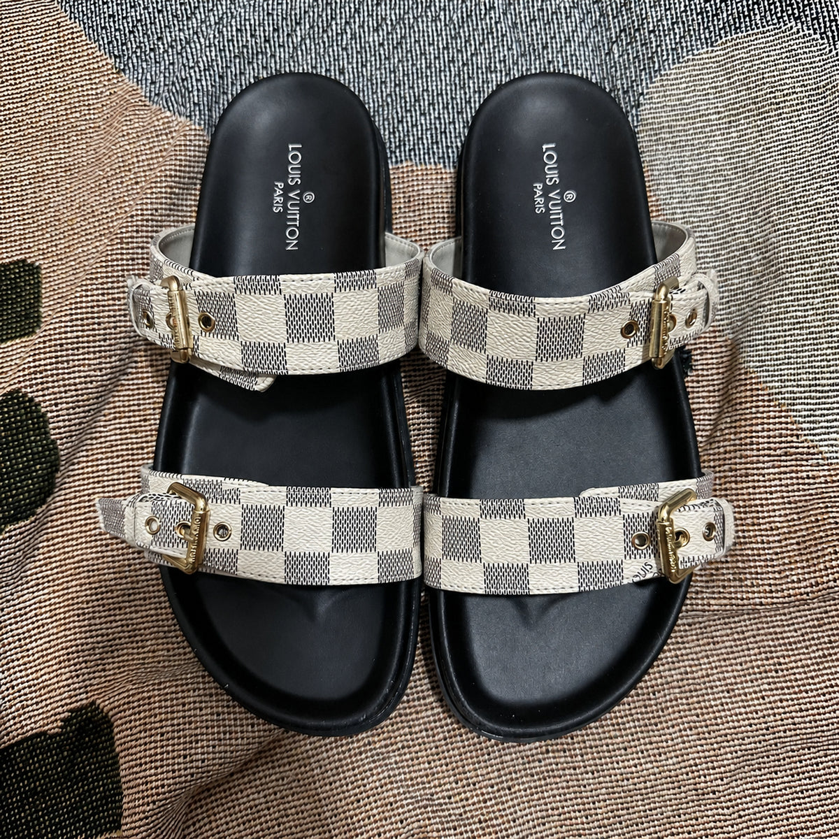Double Buckle Two Strap Slide Sandals