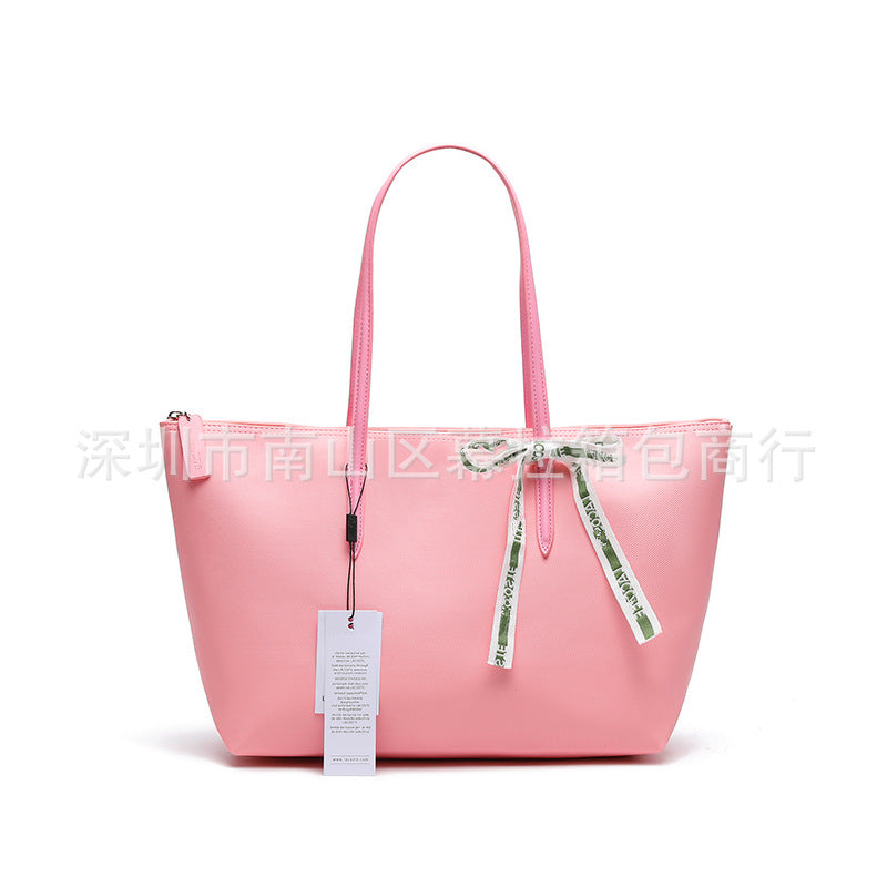Textured Tote Bag with Bow Detail and Zip Top Closure