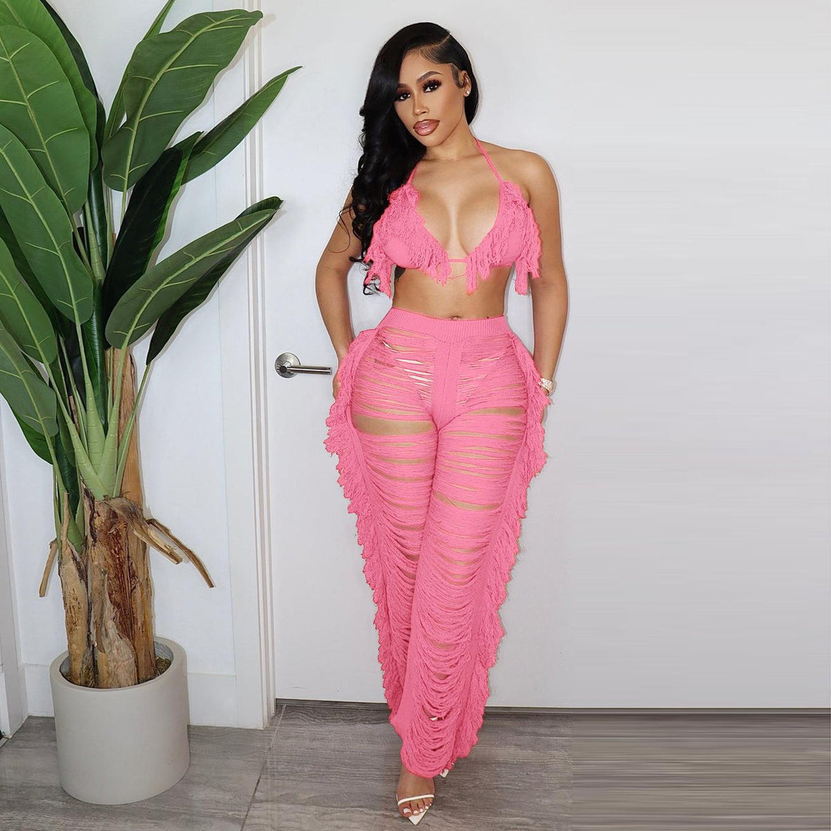 Women's Halter Crop Top and Cutout Wide-Leg Knit Pants Set with Fringe Detail