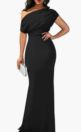 Women's One-Shoulder Draped Fitted Floor-Length Evening Dress