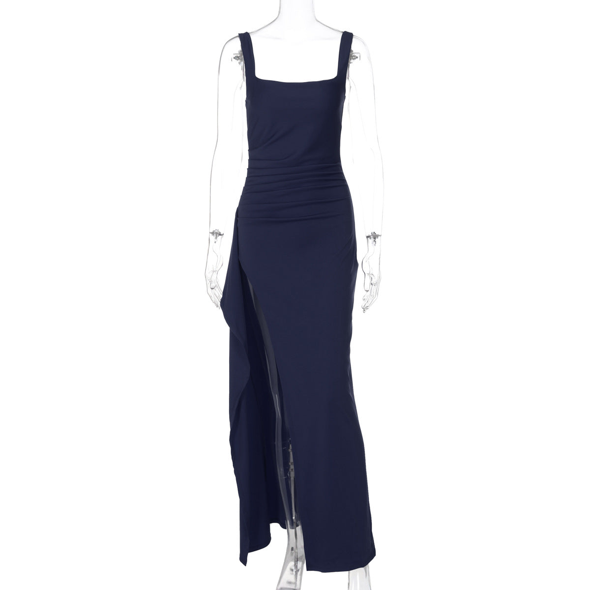 Women's Square Neck Ruched Maxi Dress with High Slit