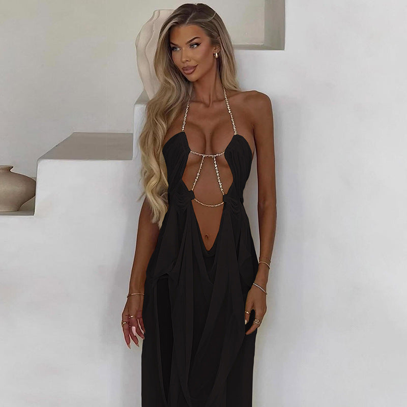 Women's Sheer Draped Halter Maxi Dress with Front and Side Cutouts