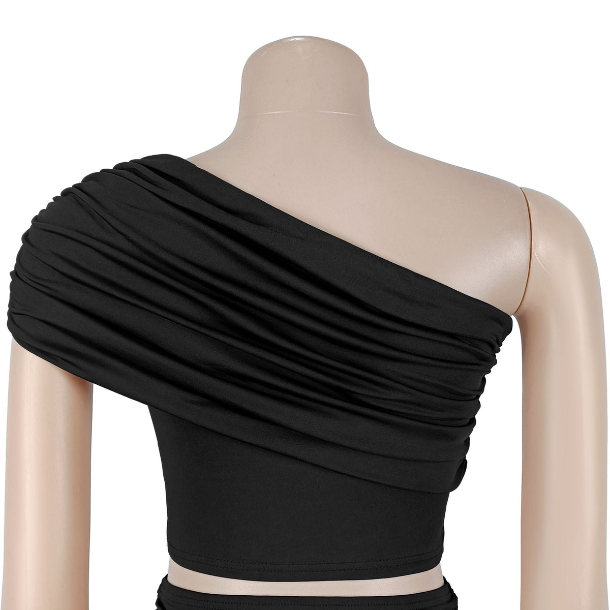 Women's One-Shoulder Crop Top and Ruched High-Waist Skirt Set with Floral Buckle Detail