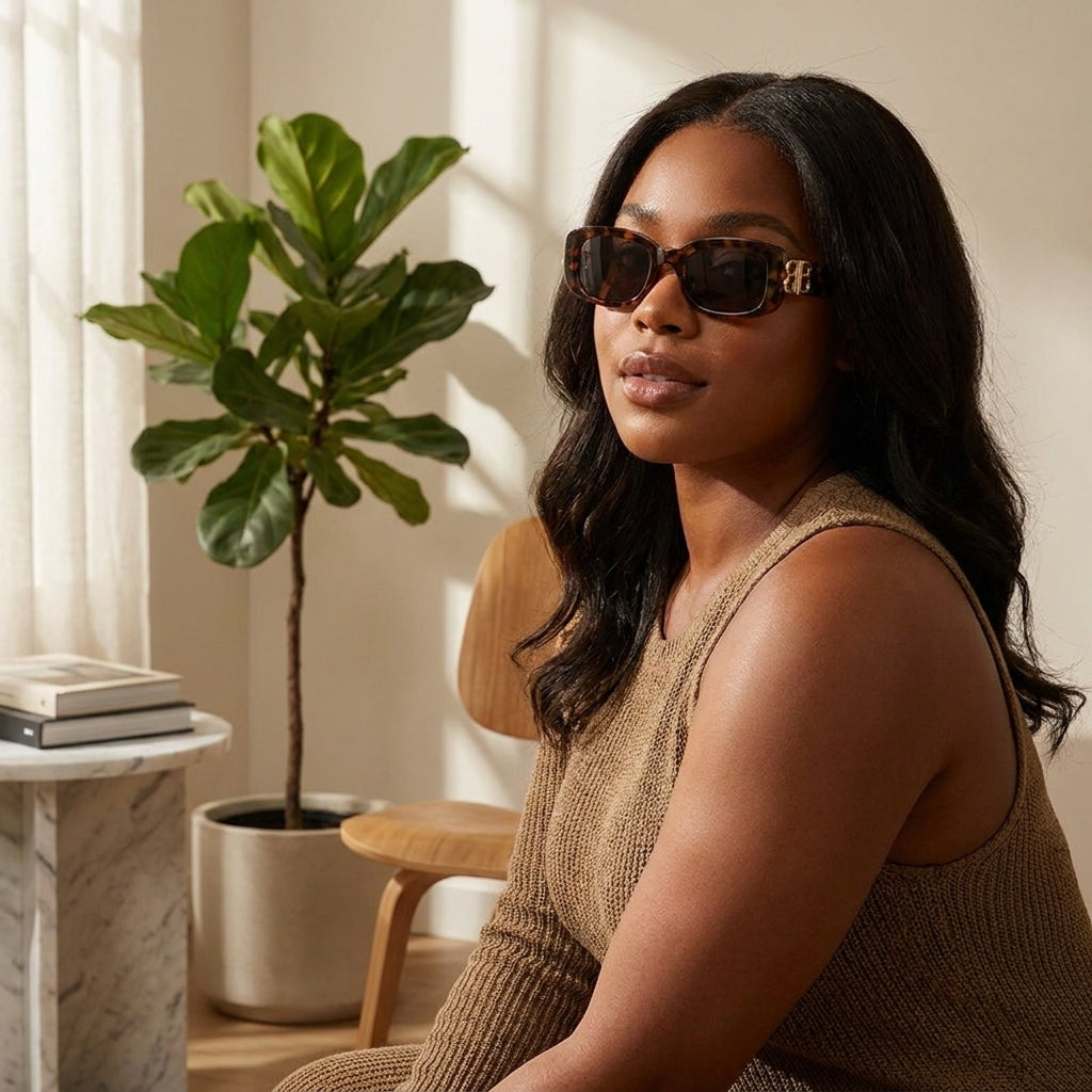 Full-body shot of woman with stylish small tortoiseshell sunglasses in a sleek warm-lit indoor environment.