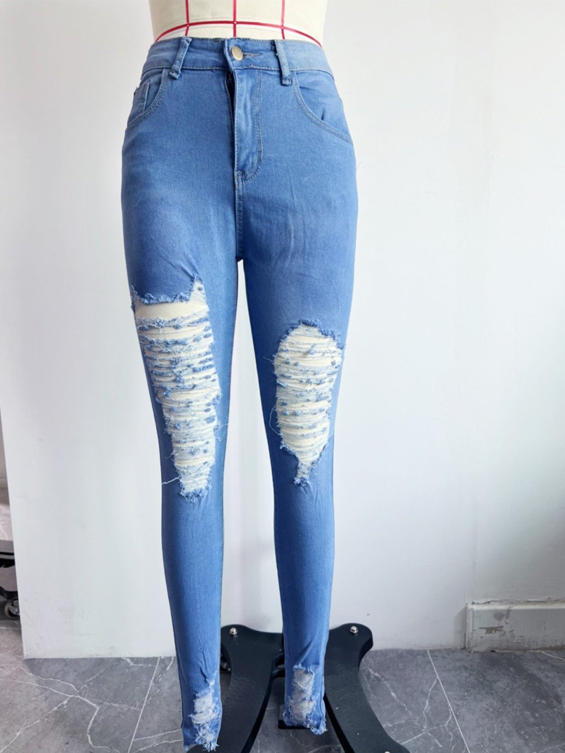 Women's High Rise Skinny Jeans with Distressed Ripped Knees and Frayed Hems