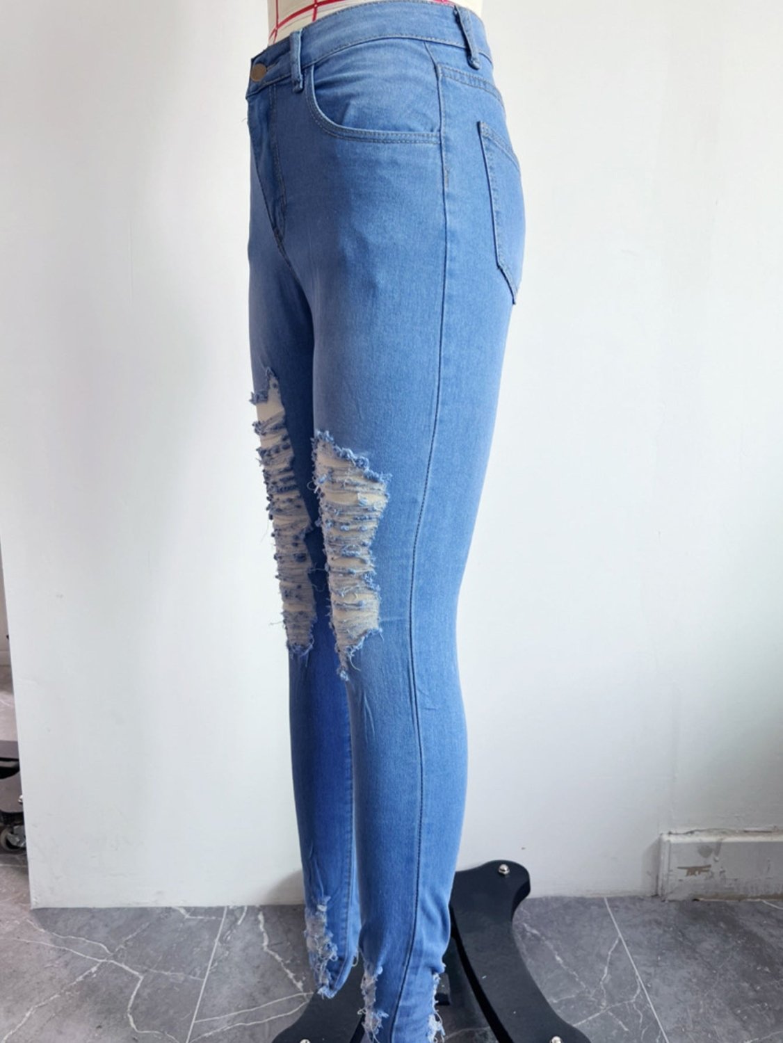 Women's High Rise Skinny Jeans with Distressed Ripped Knees and Frayed Hems