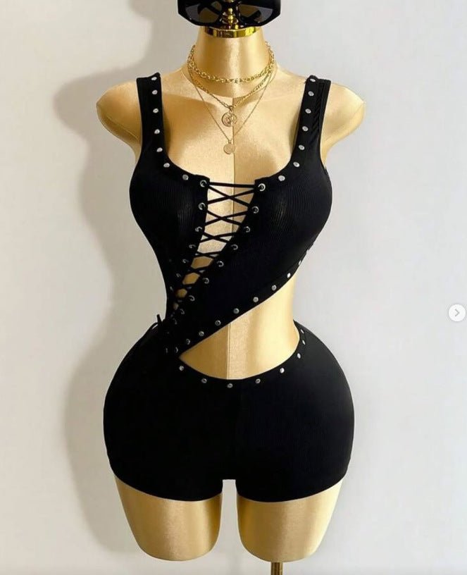 Sleeveless Lace Up Cutout Romper with Studded Trim