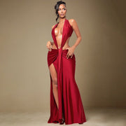Deep V Halter Maxi Dress with Front Knot, Waist Cutouts, and Side Slit