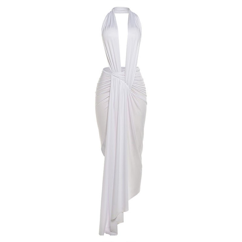 Halter Maxi Dress with Deep V Cutout and Ruched Draping