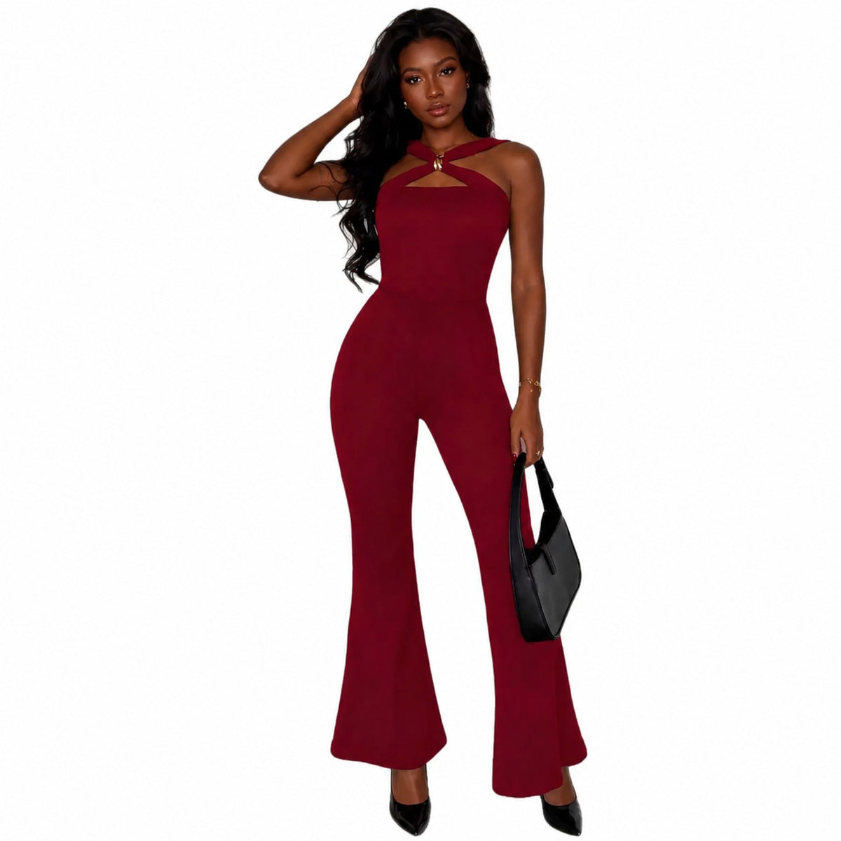 Women's Halter Cutout Jumpsuit with Buckle Detail and Flared Legs