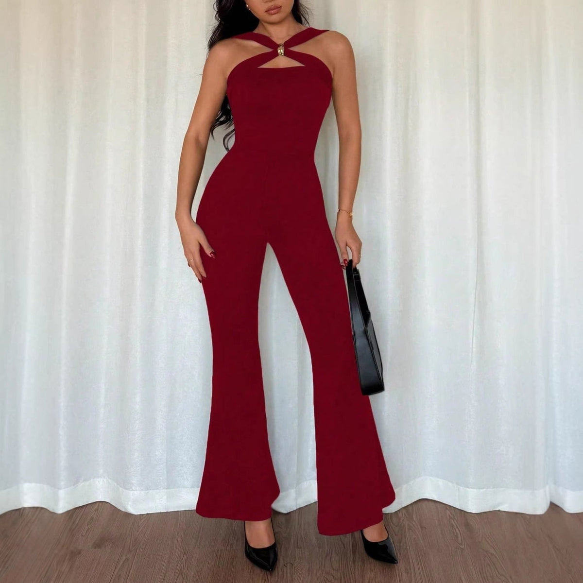 Women's Halter Cutout Jumpsuit with Buckle Detail and Flared Legs