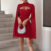 Lux High Neck Cape Sheath Dress With Sparkling Overlay For Modern Evening Glamour