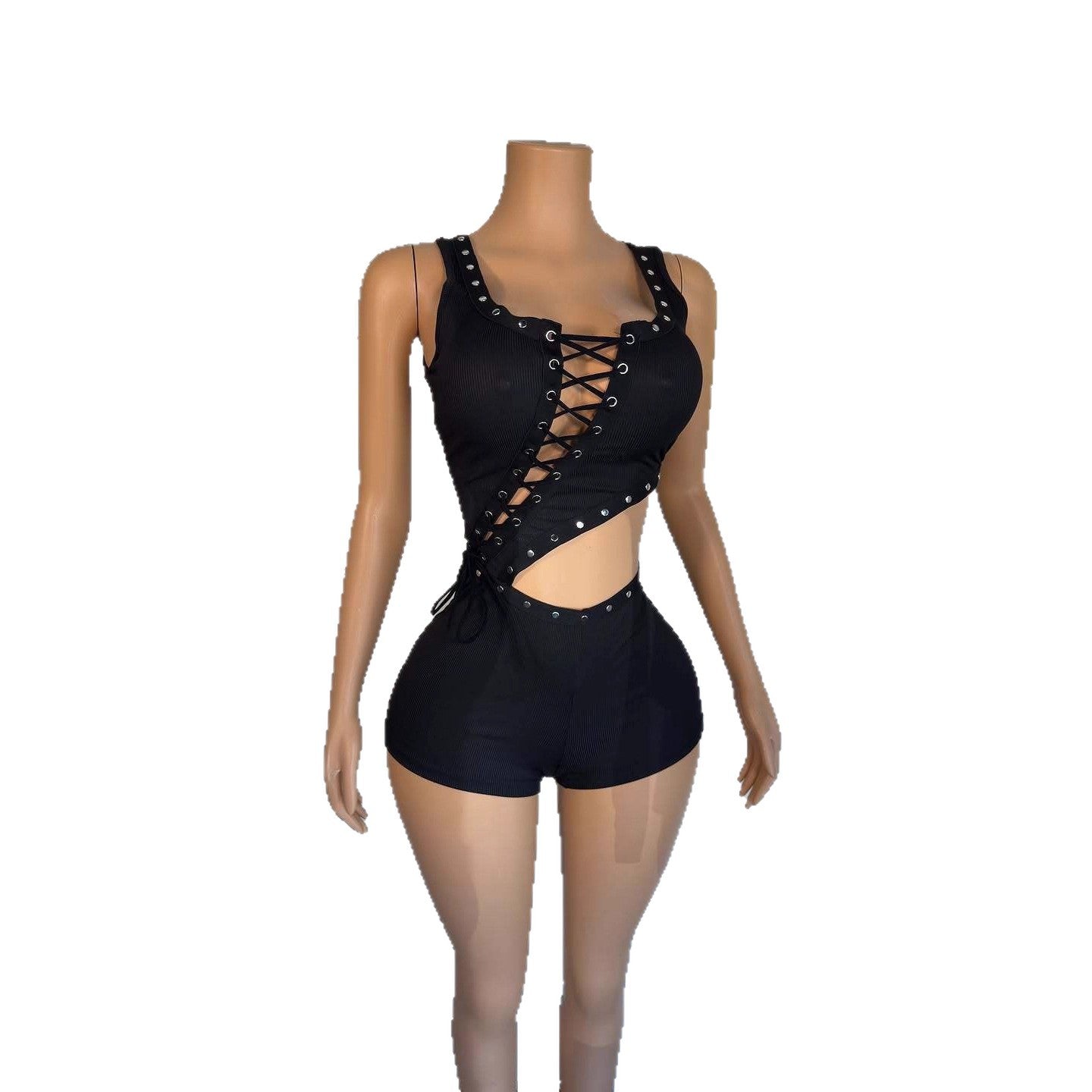 Architectural Asymmetric Strap Jumpsuit With Lace Up Detailing For Bold Streetwear Moments