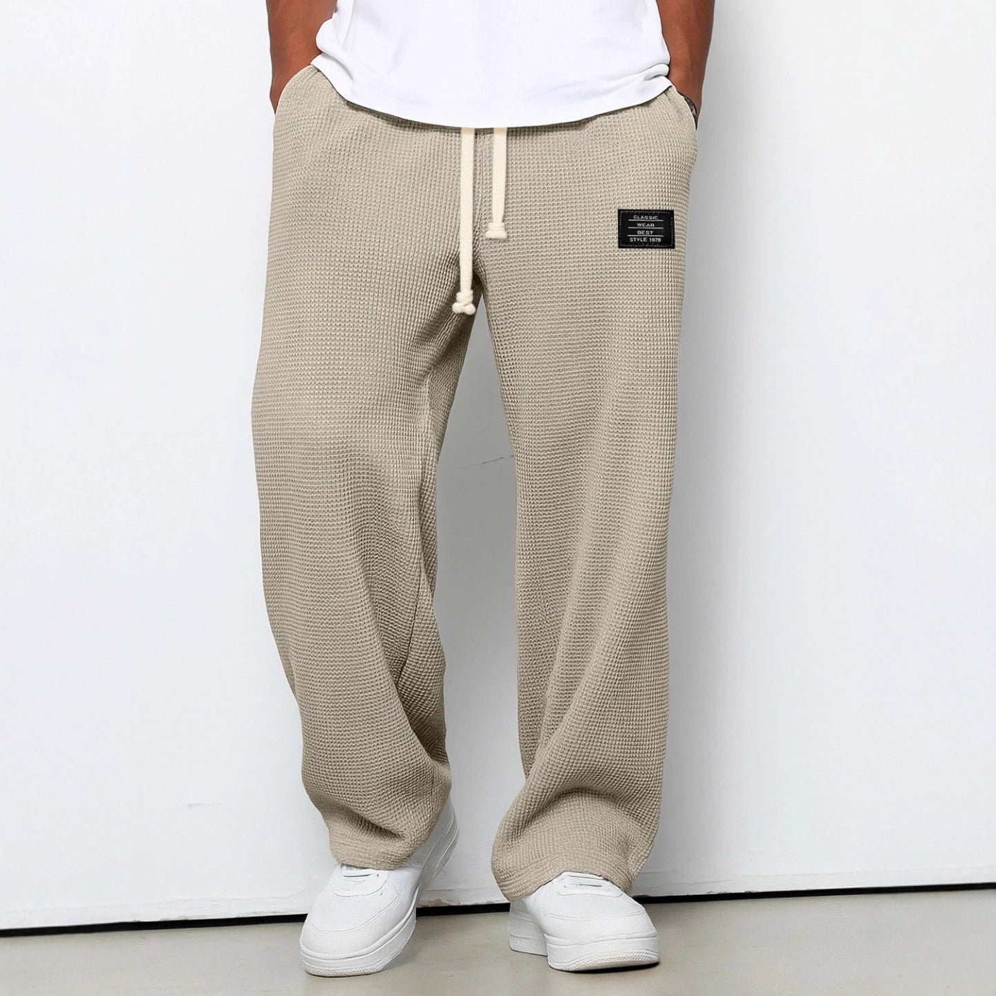 Waffle Straight Pants Fashion Brand Loose Loose  Drawstring Pockets Trousers Casual Men's Clothing