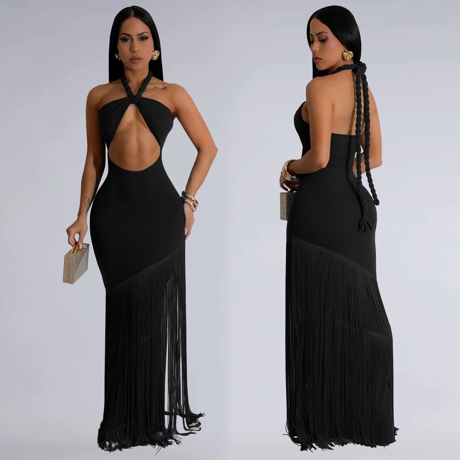 Luxe Tassel Stitch Halter Fringe Maxi Dress With Cross Knot Top For Elegant Evening Events