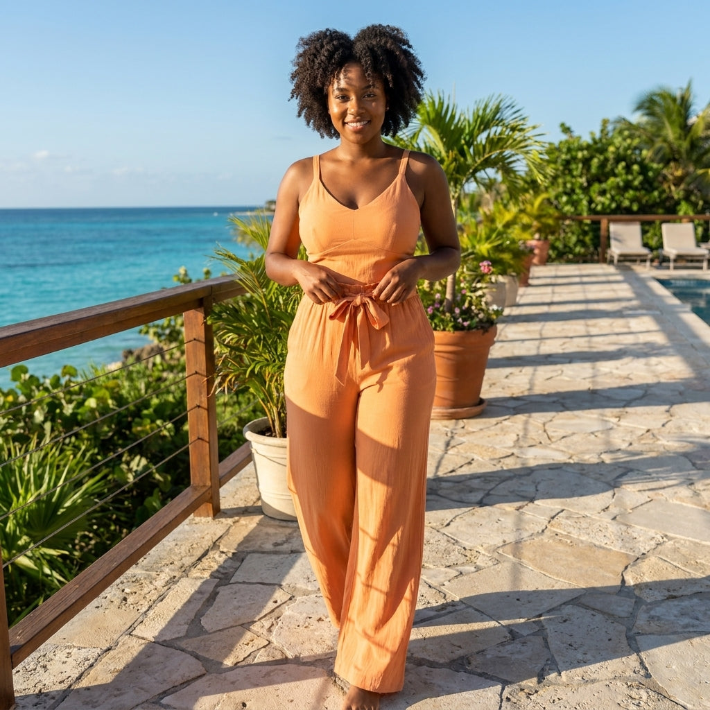 Model walking outdoors on tropical resort balcony, adjusting outfit, wearing vibrant camisole and pants, confident smile.
