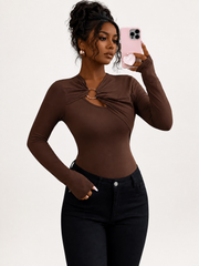 Women's Long Sleeve Ring Cutout Ruched Fitted Top