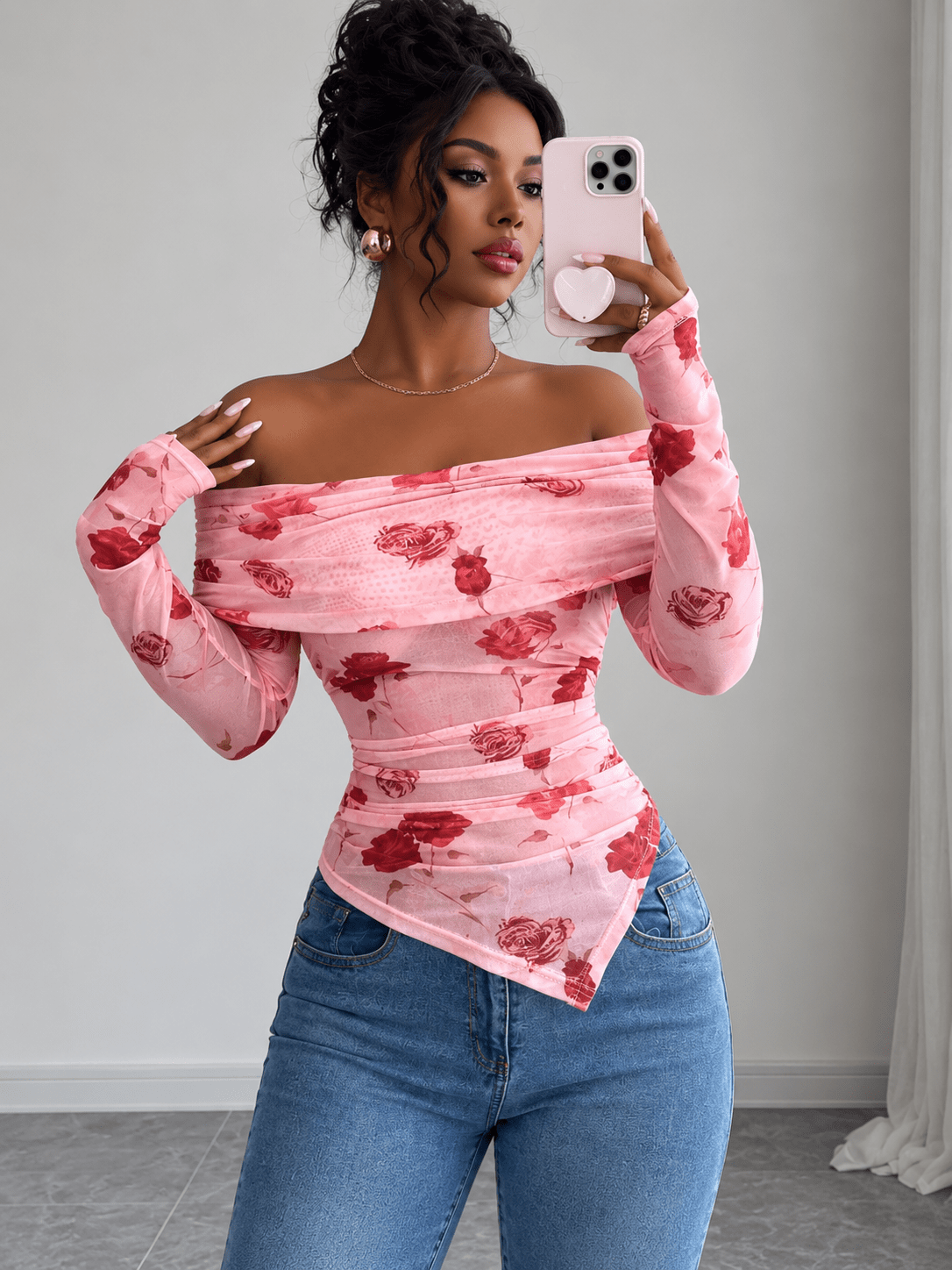 Floral Mesh Off-Shoulder Ruched Long-Sleeve Top