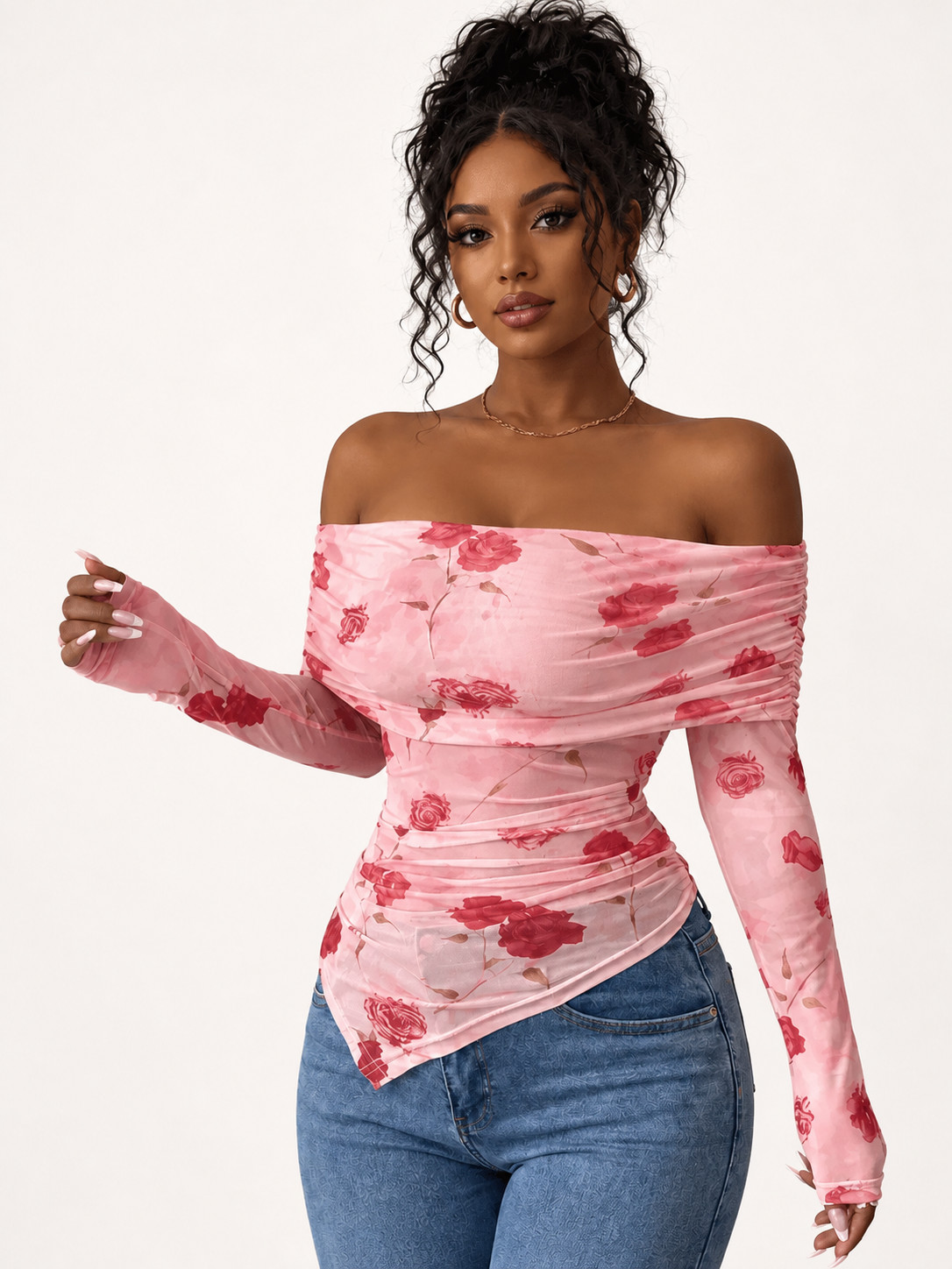 Floral Mesh Off-Shoulder Ruched Long-Sleeve Top