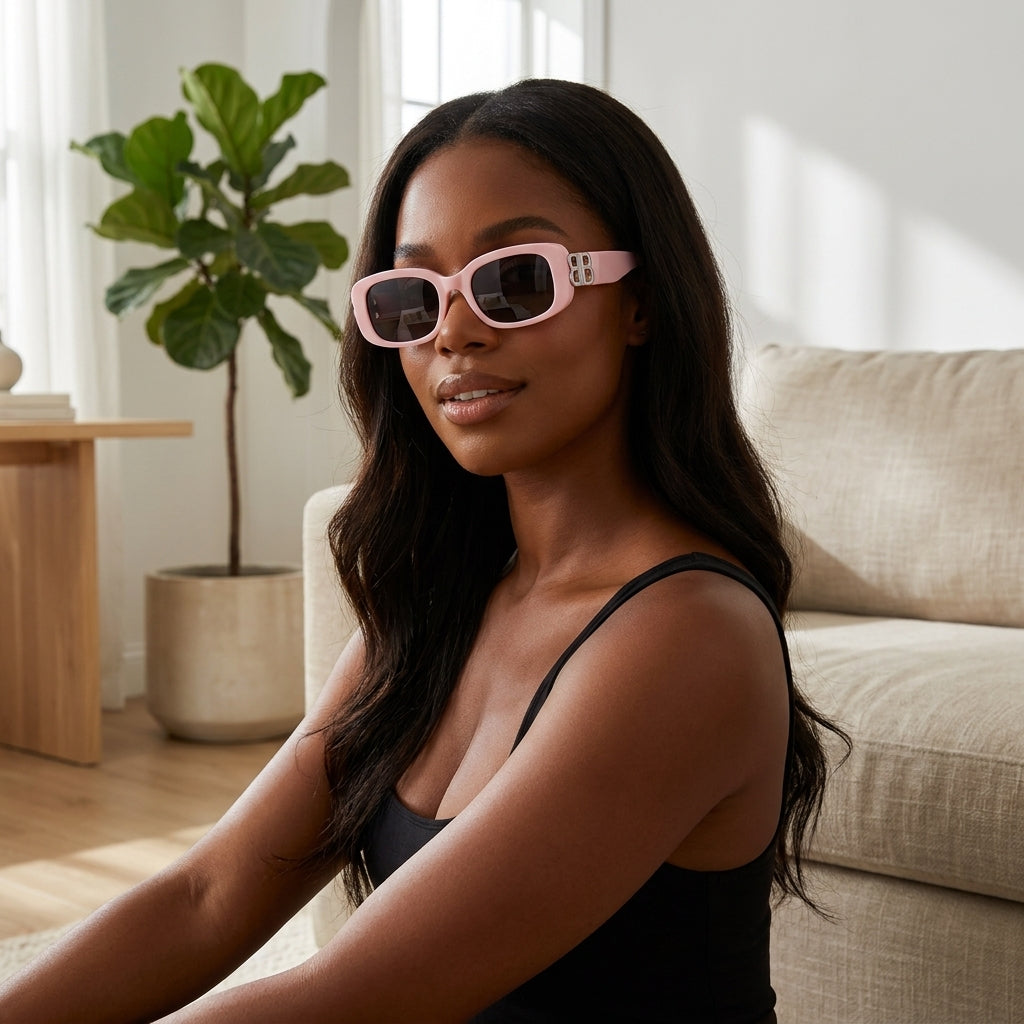 Close-up of pink frame sunglasses on confident woman seated in cozy indoor corner with natural light.