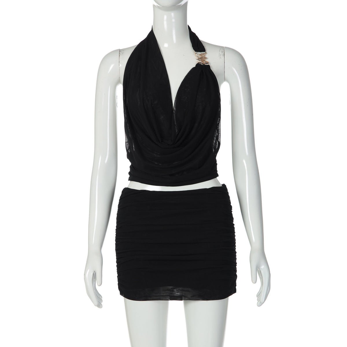 Women's Draped Halter Top and Ruched Mini Skirt Two Piece Set
