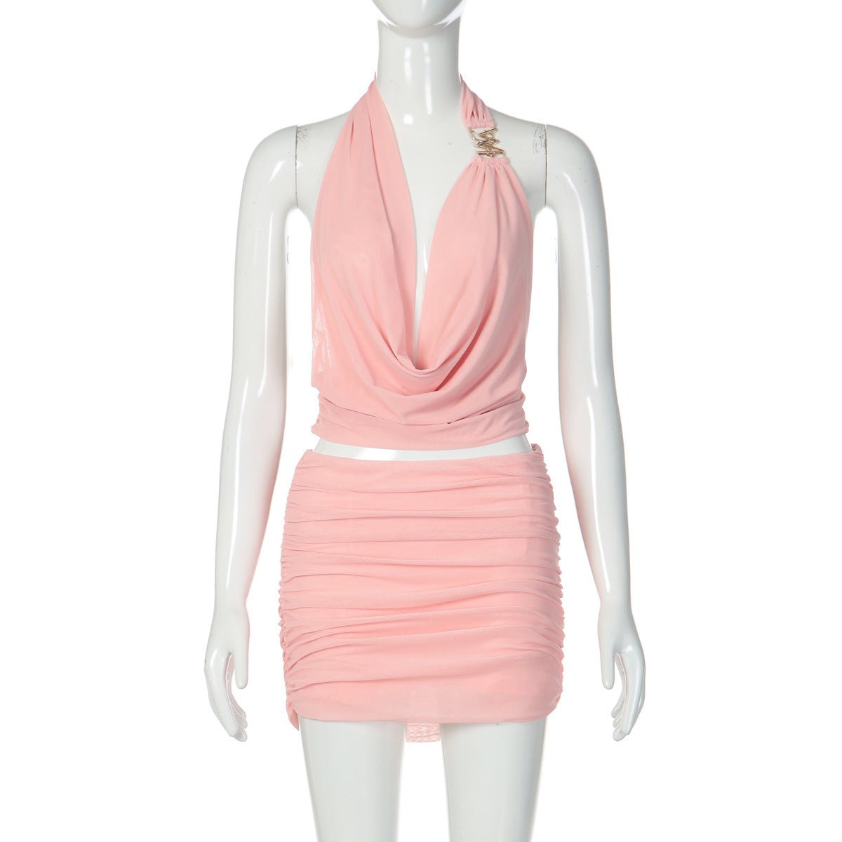 Women's Draped Halter Top and Ruched Mini Skirt Two Piece Set