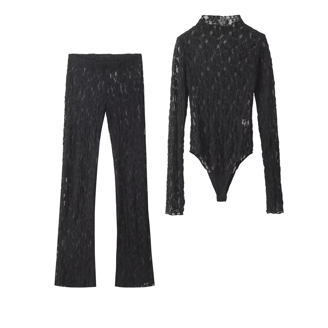 Women's High Neck Long Sleeve Sheer Patterned Jumpsuit