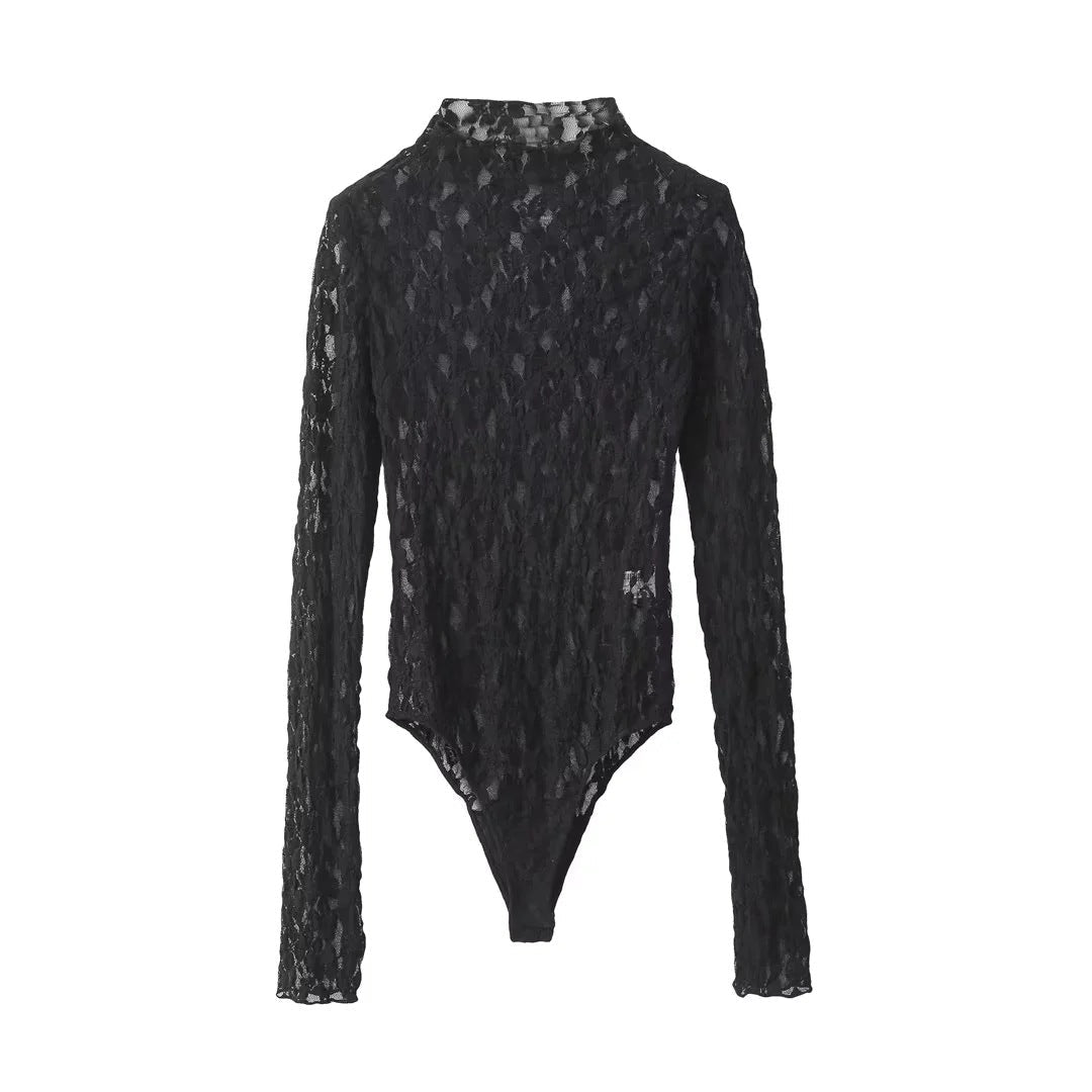 Women's High Neck Long Sleeve Sheer Patterned Jumpsuit