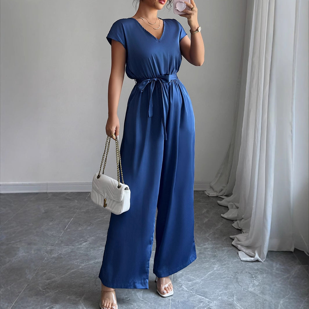 Deep V Neck High Waist Jumpsuit With Tie Belt For Modern Sophistication And All Day Versatility