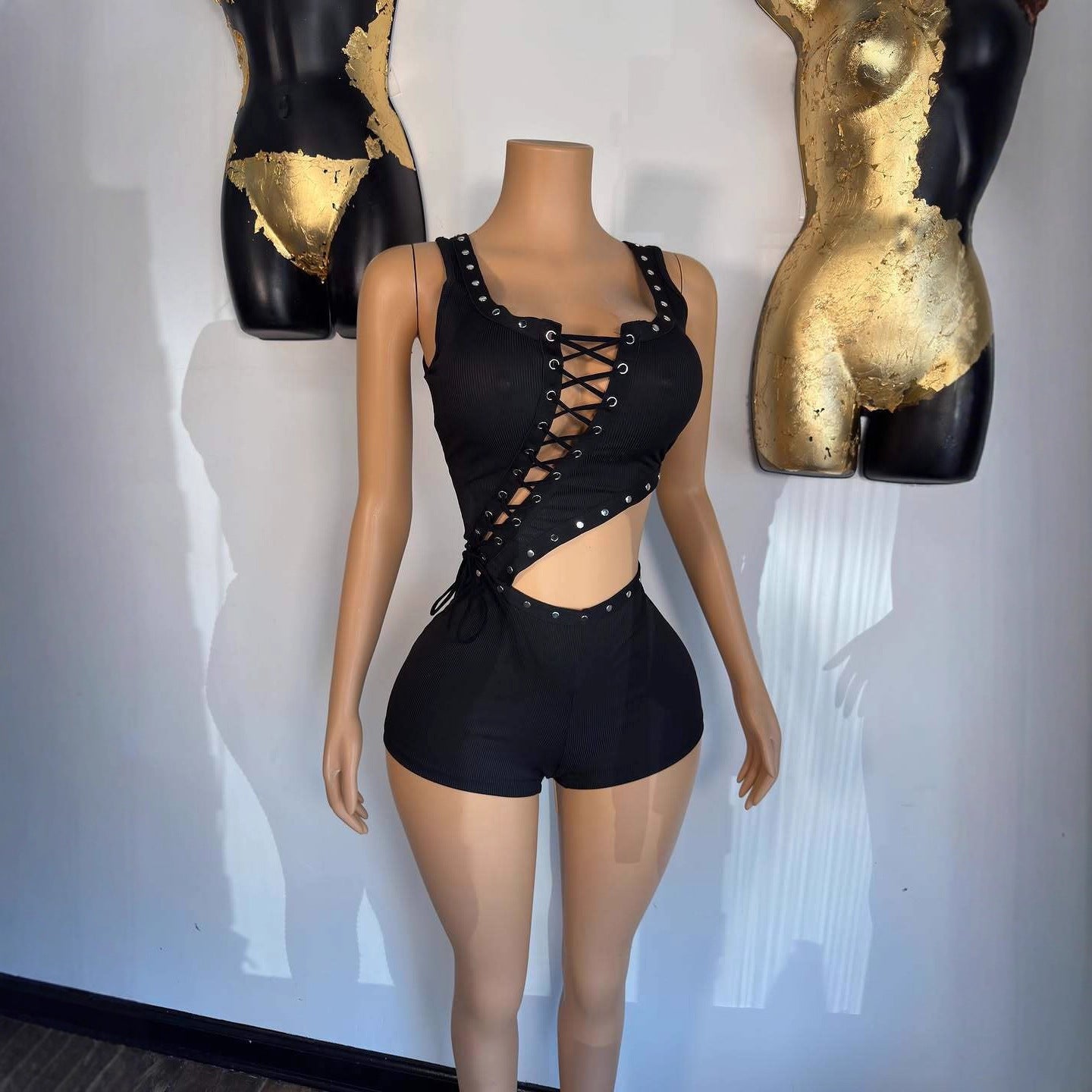 Architectural Asymmetric Strap Jumpsuit With Lace Up Detailing For Bold Streetwear Moments