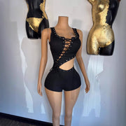 Architectural Asymmetric Strap Jumpsuit With Lace Up Detailing For Bold Streetwear Moments