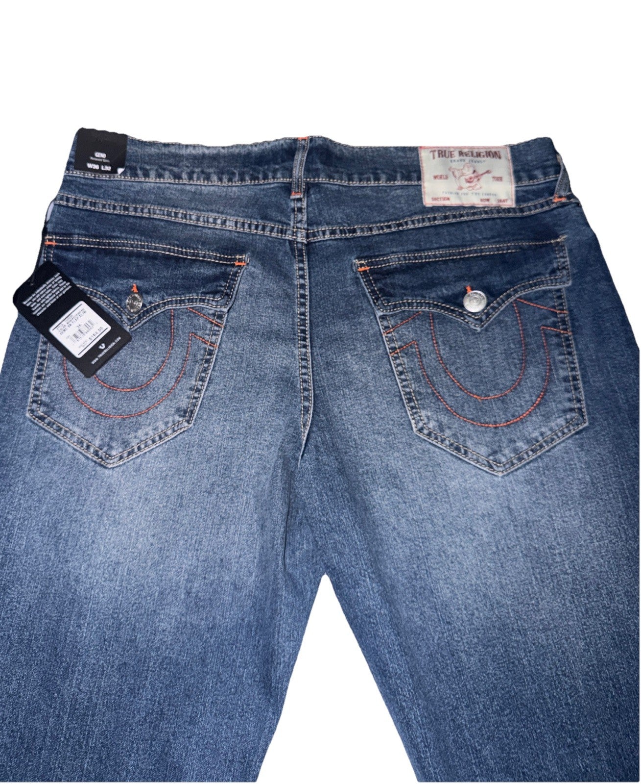 True Religion Men's Geno Big T Flap Slim Denim Jeans - 36X32 - Orange Stitch