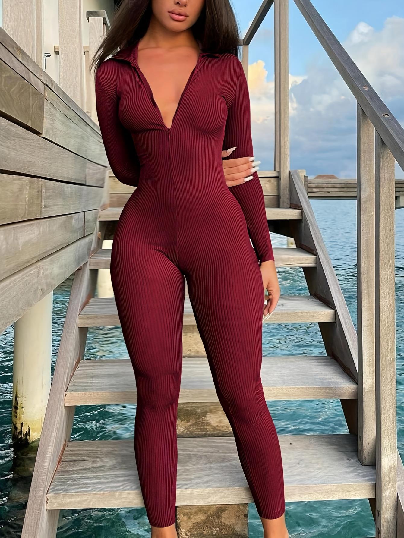 Contour Ribbed Zip Up Jumpsuit With Streamlined Silhouette For Effortless Everyday Chic