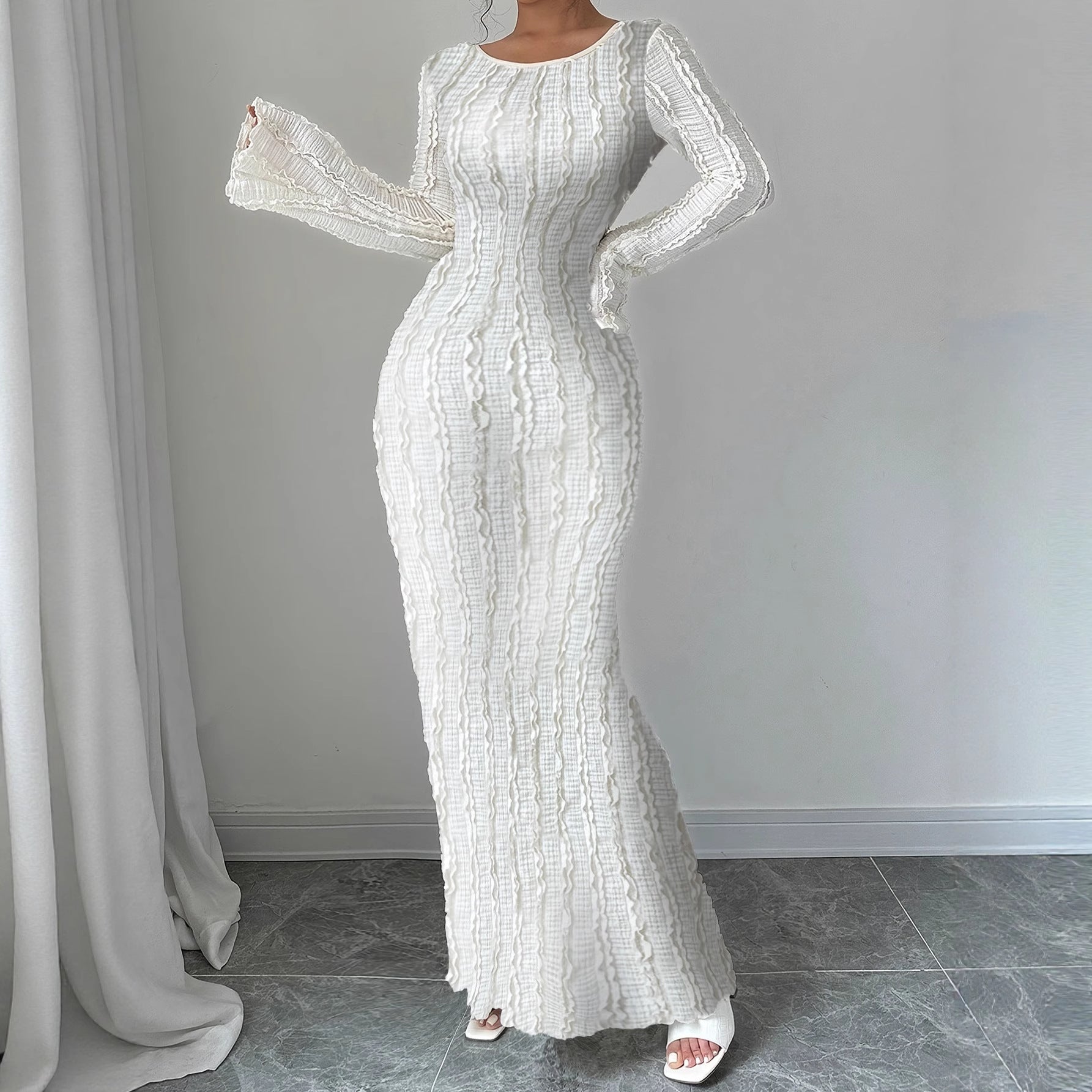 Fashionable Round-Neck Lace-Patchwork Long-Sleeve Dress