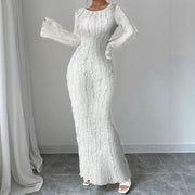 Elegant Patchwork Maxi Dress With Round Neckline And Flared Long Sleeves For Evening Glamour