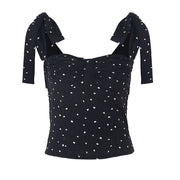 Polka Dot Ribbon Strap Tank Top With Ruched Bust And Square Neckline For Elegant Modern Style